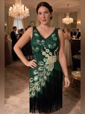 Vintage Elegant Green and Black Embellished Dress